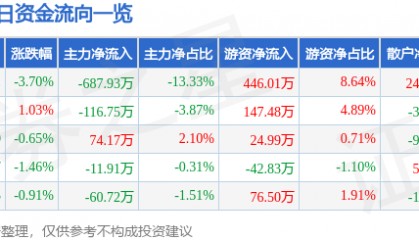 股票行情快报：朗科智能（300543）3月17日主力资金净卖出687.93万元