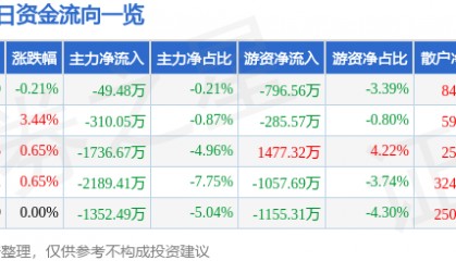 股票行情快报：京能电力（600578）10月22日主力资金净卖出49.48万元