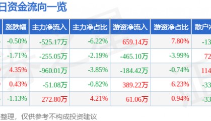股票行情快报：九华旅游（603199）6月6日主力资金净卖出525.17万元
