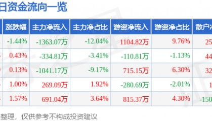 股票行情快报：九华旅游（603199）8月27日主力资金净卖出1363.07万元