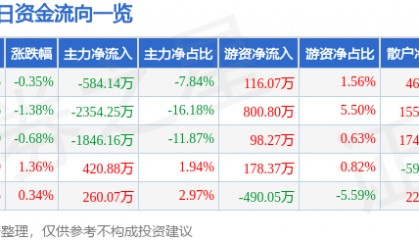 股票行情快报：节能风电（601016）6月20日主力资金净卖出584.14万元