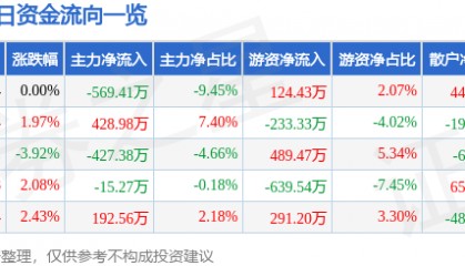 股票行情快报：华宇软件（300271）3月30日主力资金净卖出569.41万元
