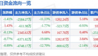 股票行情快报：皖能电力（000543）10月22日主力资金净卖出2584.27万元