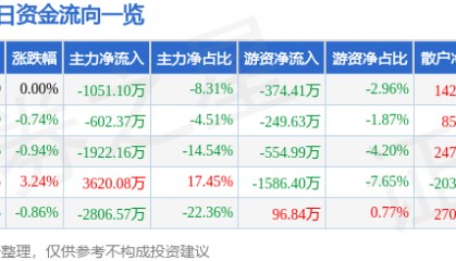 股票行情快报：芯能科技（603105）10月14日主力资金净卖出1051.10万元
