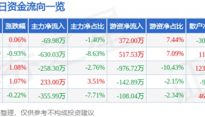 股票行情快报：九华旅游（603199）8月12日主力资金净卖出69.98万元