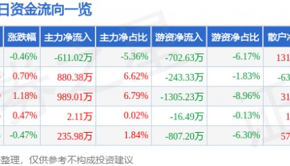 股票行情快报：京能电力（600578）8月7日主力资金净卖出611.02万元