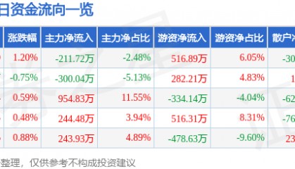 股票行情快报：九华旅游（603199）7月24日主力资金净卖出211.72万元
