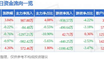 股票行情快报：芯能科技（603105）9月5日主力资金净买入907.88万元