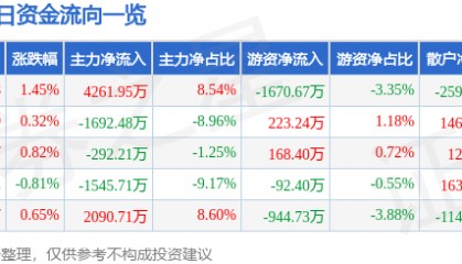 股票行情快报：华安证券（600909）8月13日主力资金净买入4261.95万元