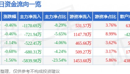 股票行情快报：京能电力（600578）7月29日主力资金净卖出1170.69万元