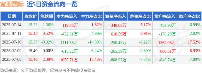 股票行情快报：宣亚国际（300612）7月14日主力资金净买入119.85万元