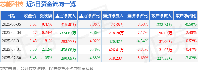 股票行情快报:芯能科技(603105)8月5日主力资金净买入315.40万元