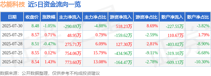 股票行情快报:芯能科技(603105)7月30日主力资金净卖出290.69万元